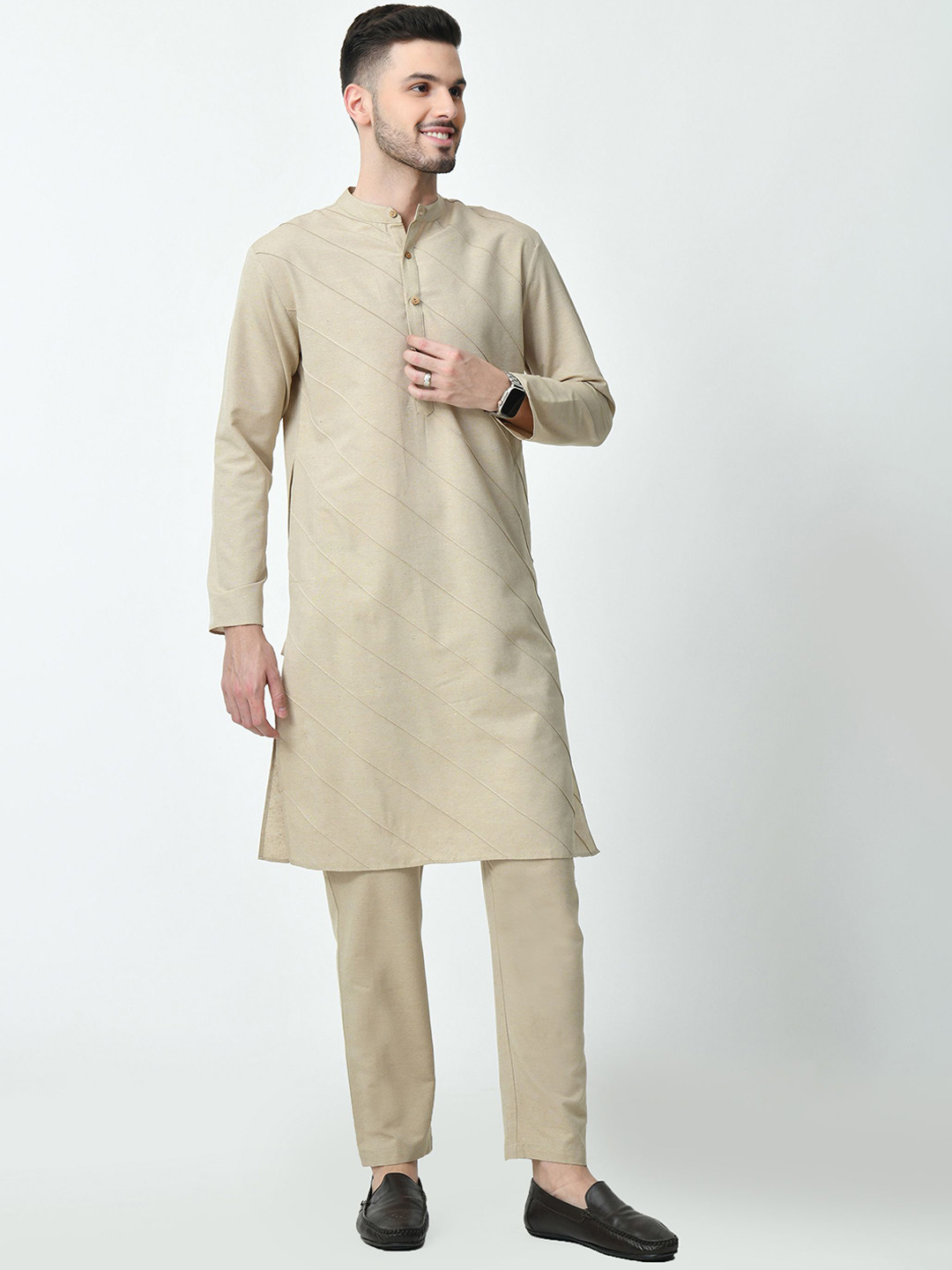 AMBI Striped Self Design Band Collar Long Sleeves Regular Straight Kurta