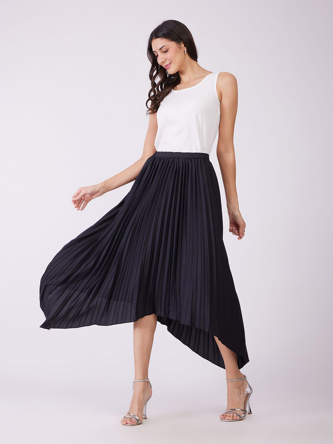 FableStreet Women Flared Pleated Asymmetric Midi Skirts