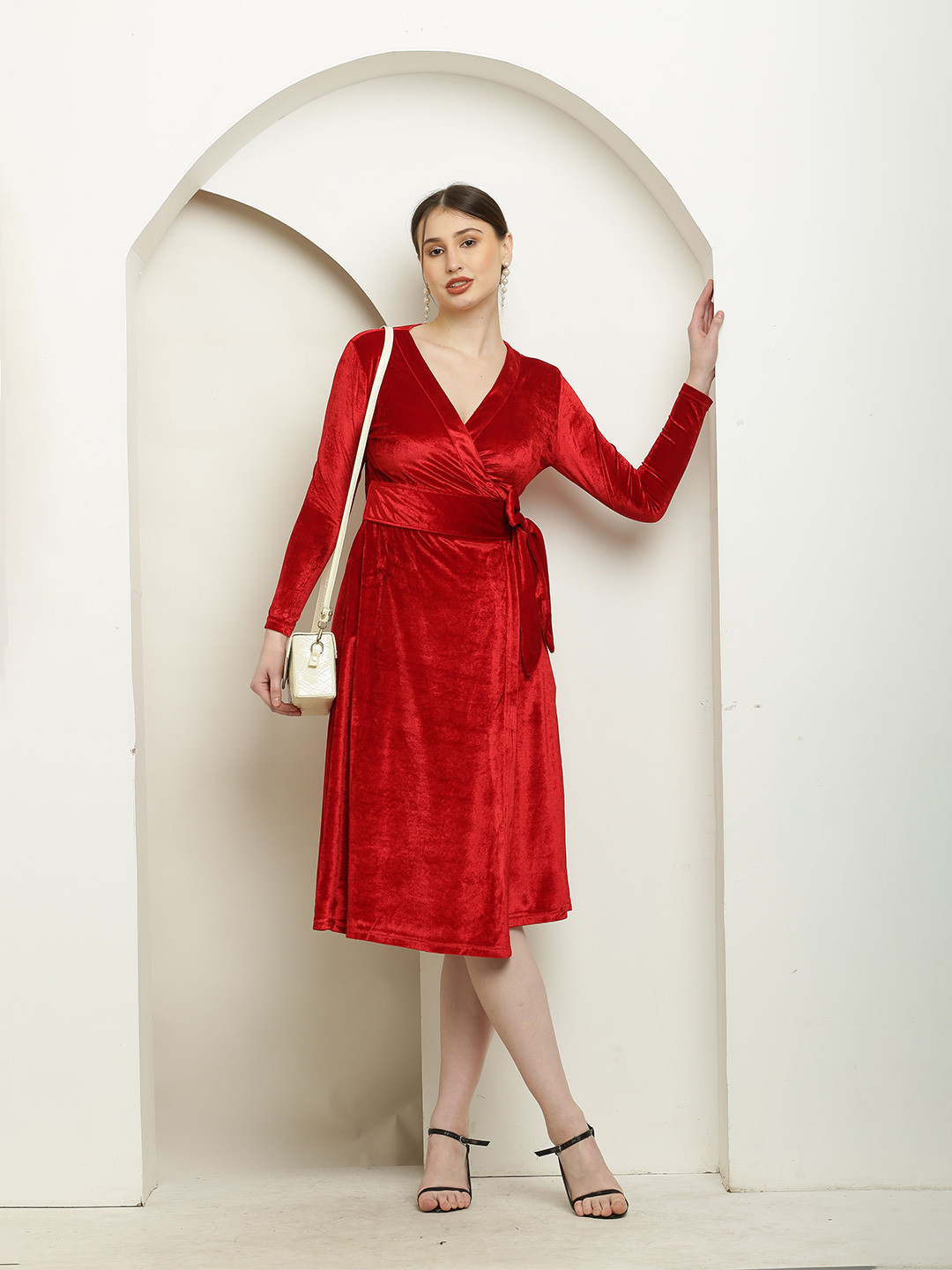 VIVIENT Women Velvet V- Neck Wrap Dress