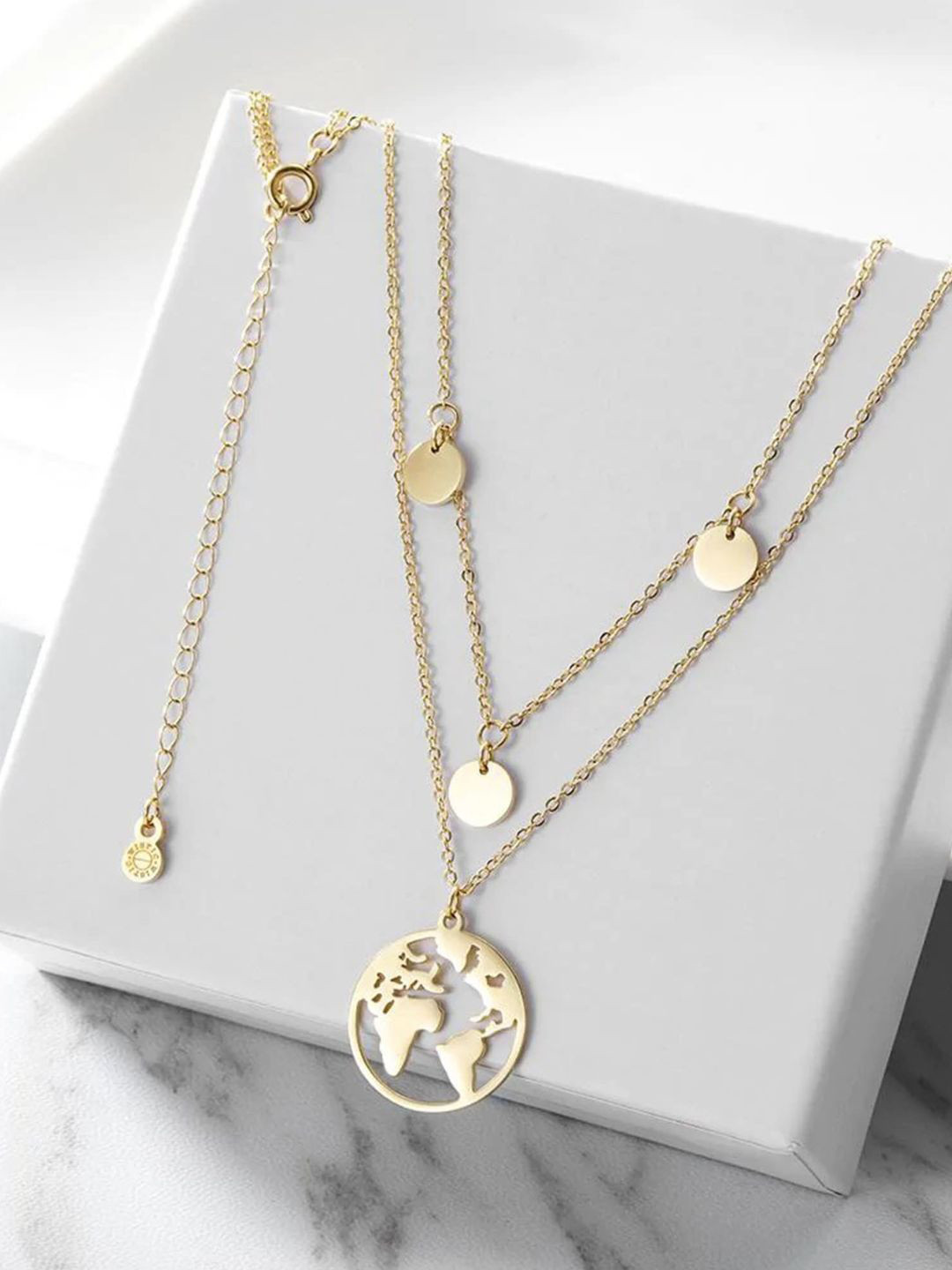 Pinapes Unisex Set of 2 Gold-Plated Layered Heart, Moon, and Globe Minimal Necklaces
