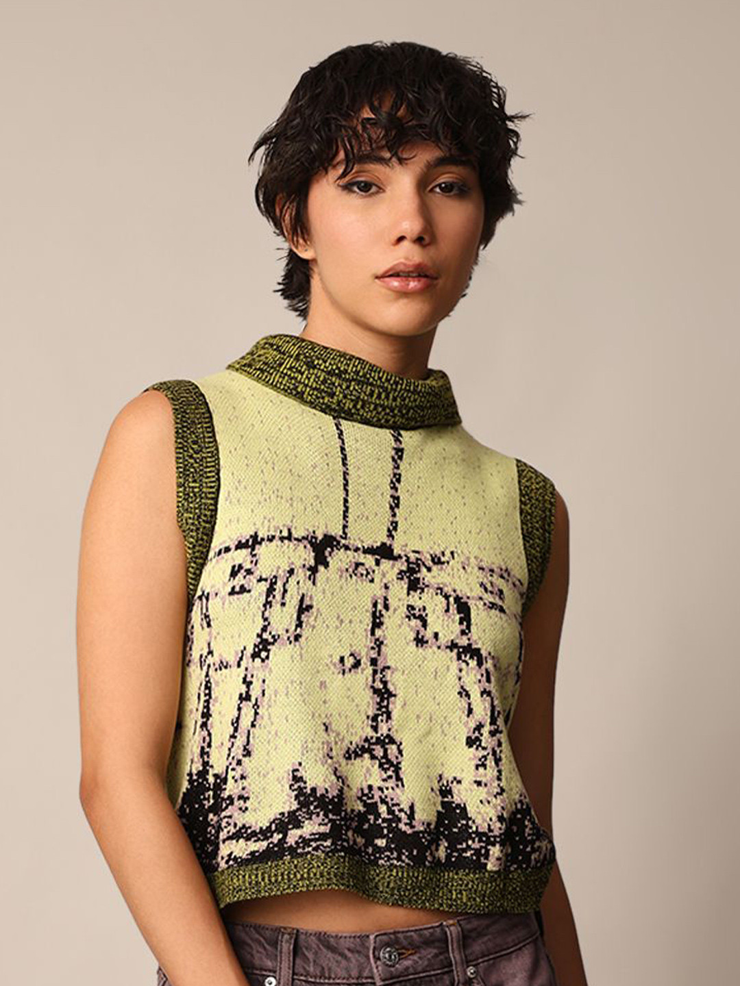 ONLY Women Abstract Serlf Design High Neck Tank Top