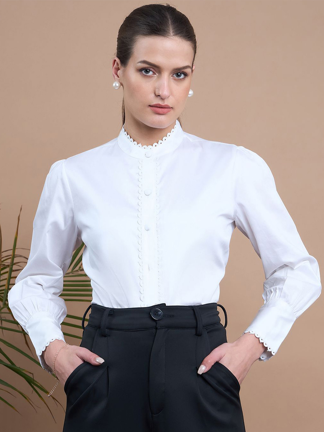 Noi Women Smart Band Collar Solid Cotton Formal Shirt