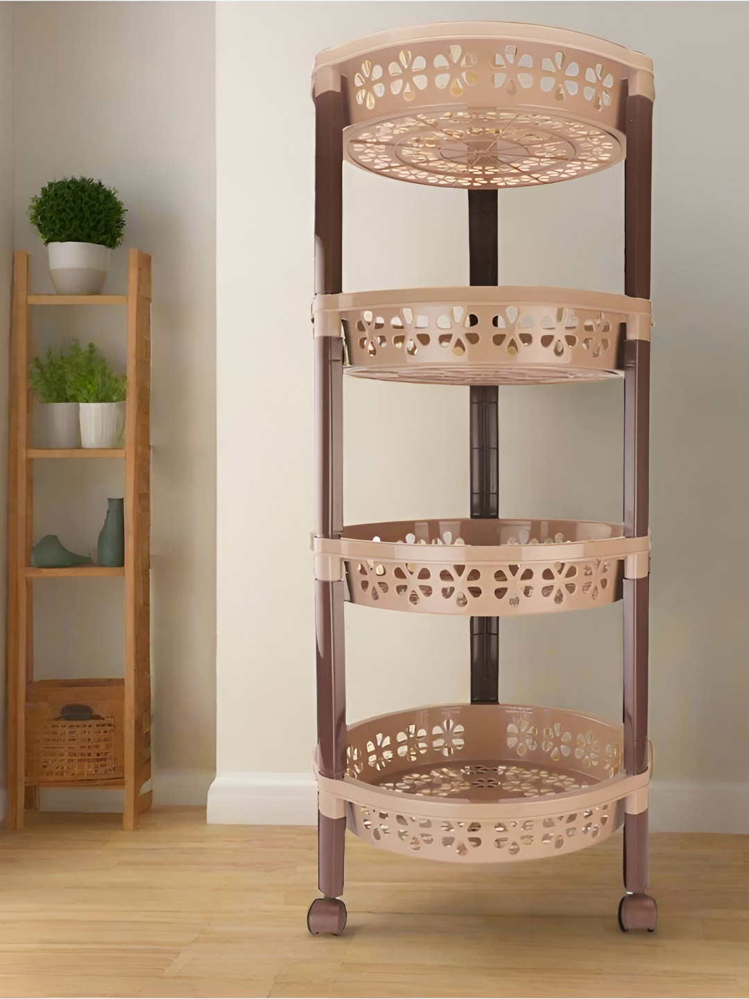 Nayasa Brown Round 4-Shelf Multipurpose Storage Trolley Rack