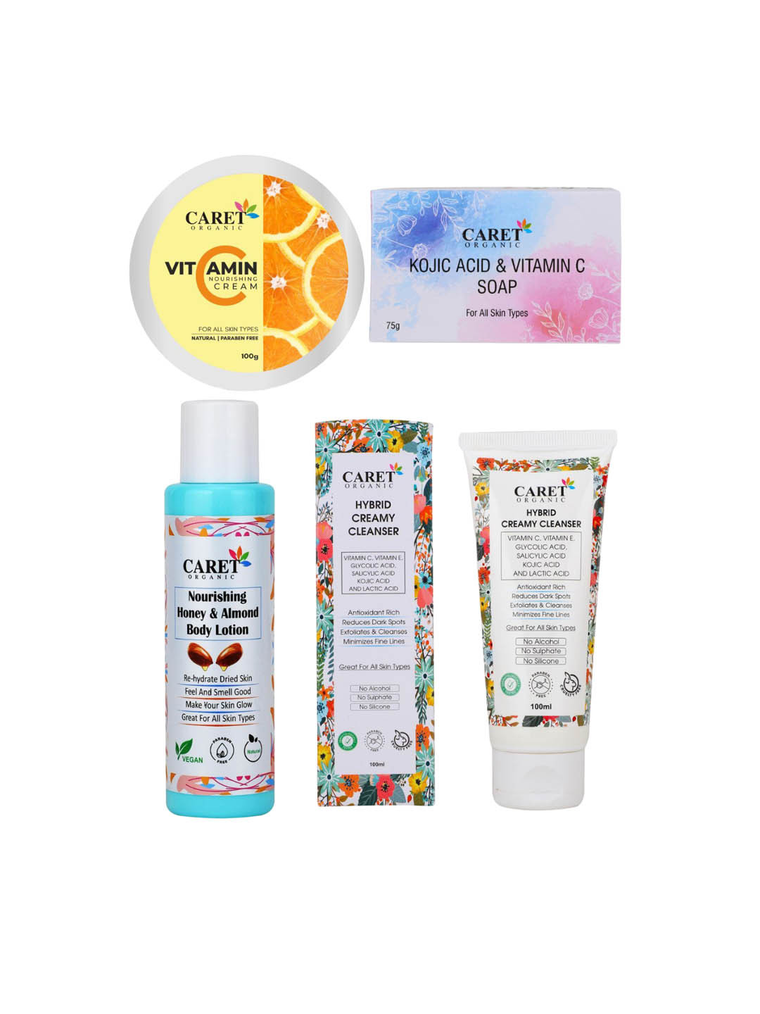 CARET ORGANIC Set Of 4 Cream-100g, Kojic Soap-75g, Cleanser & Body Lotion- 100ml Each
