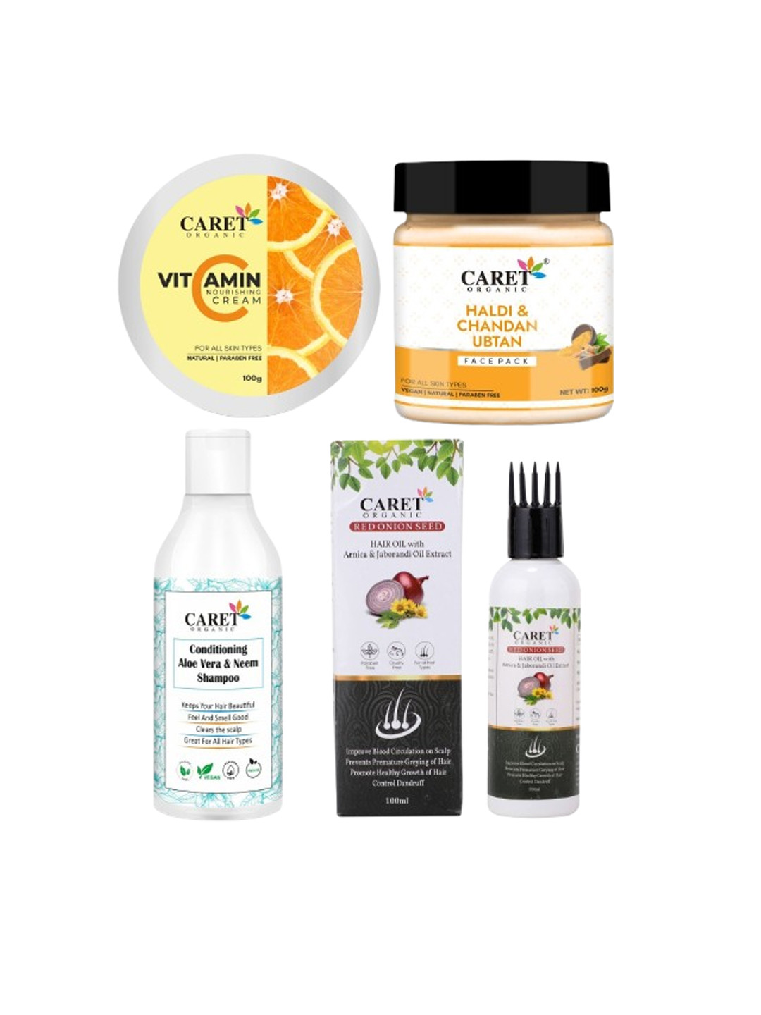 CARET ORGANIC Set of 4 Cream -100g, Face Pack-100g, Shampoo- 300ml & Hair Oil- 100ml Each