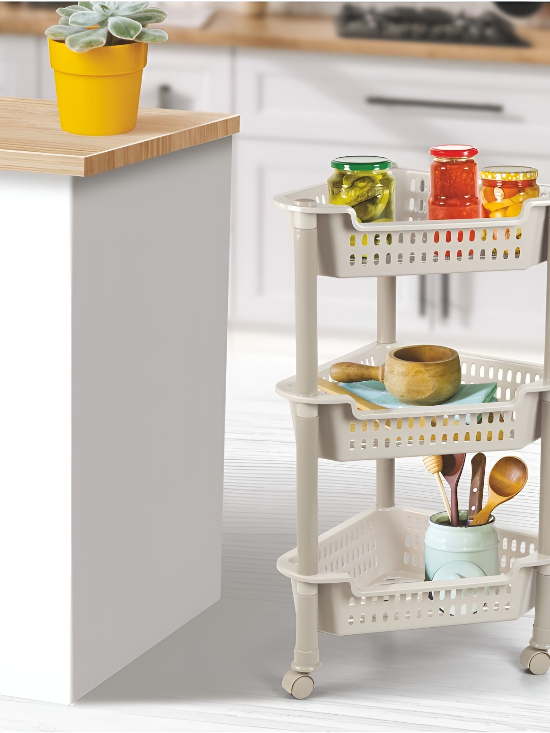 Nayasa Corner Beige 3 Shelf Trolley Storage Rack