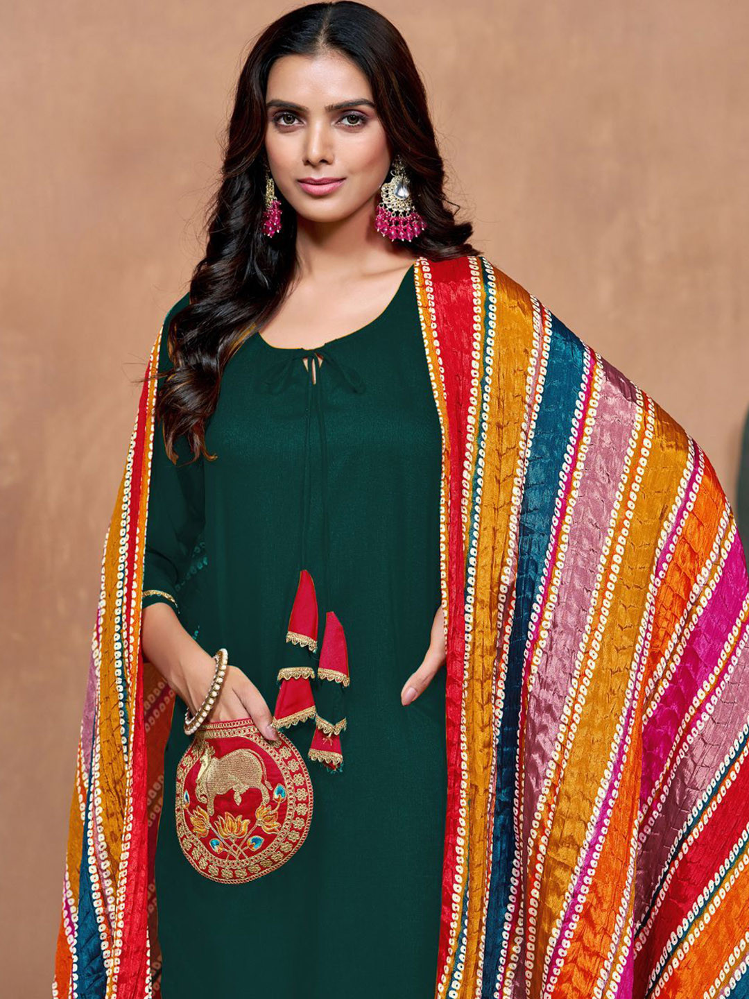 Sangria Green Tie-up Neck Embroidered Thread Work Straight Kurta with Salwar & Dupatta