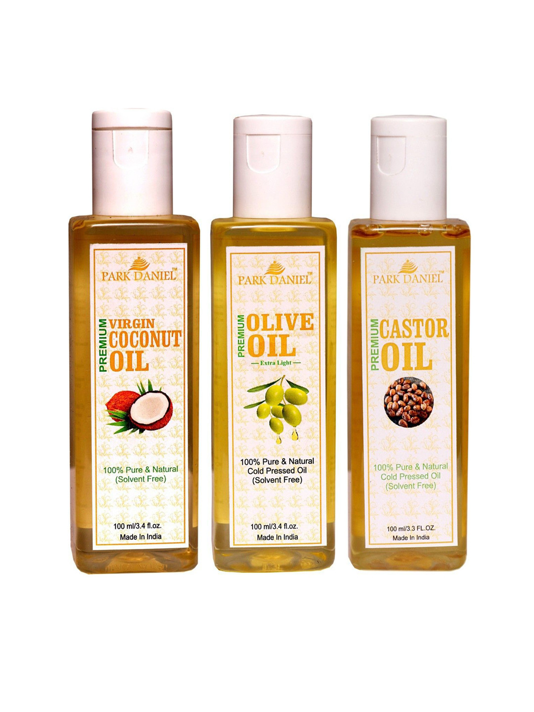 Park Daniel 3Pcs 100% Pure Natural Cold Pressed Coconut Olive & Castor Oils - 100ml Each