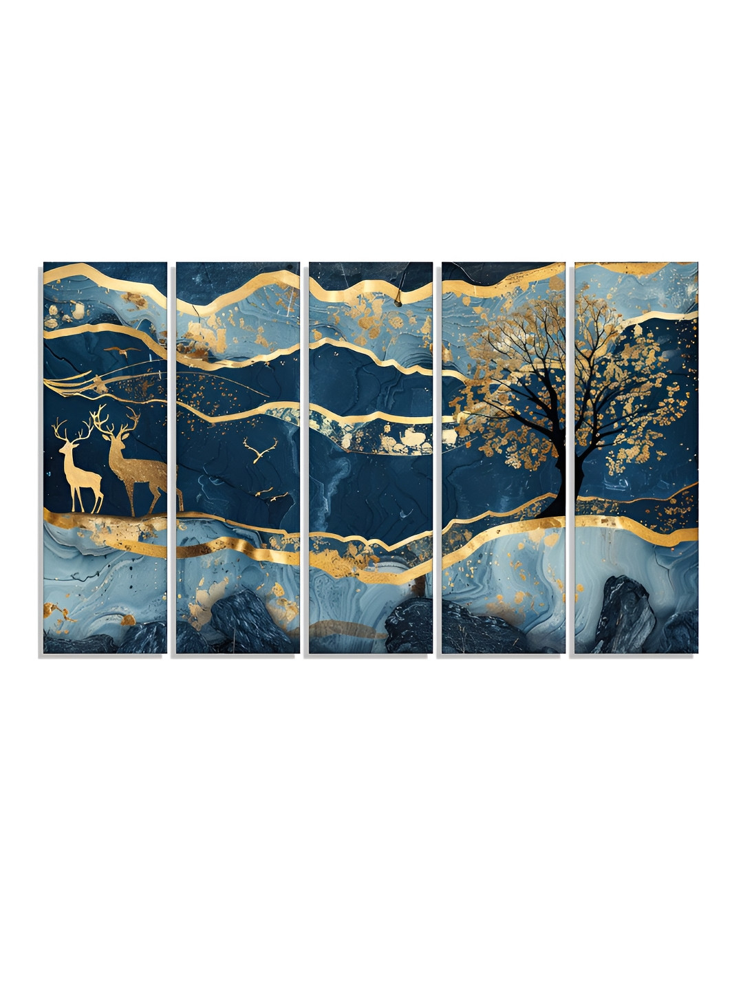 RANDOM Vinyl Blue & Gold-Toned 5 Piece Printed Canvas Wall Paintings