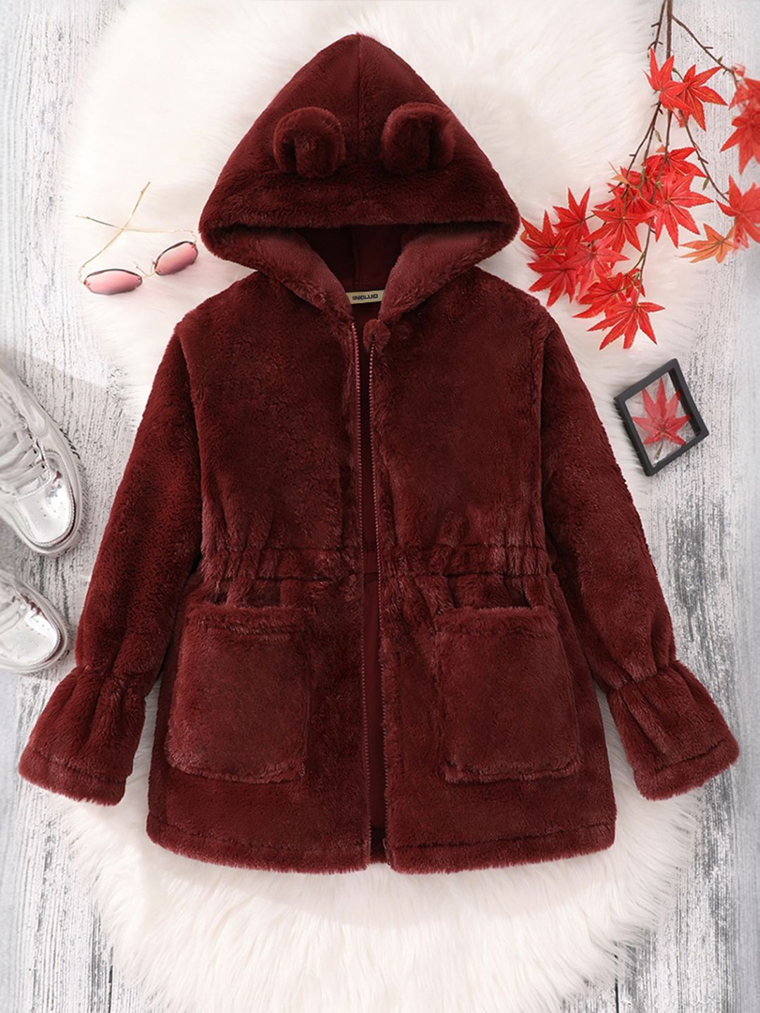 INCLUD Girls Hooded Self Design Casual Parka Jacket