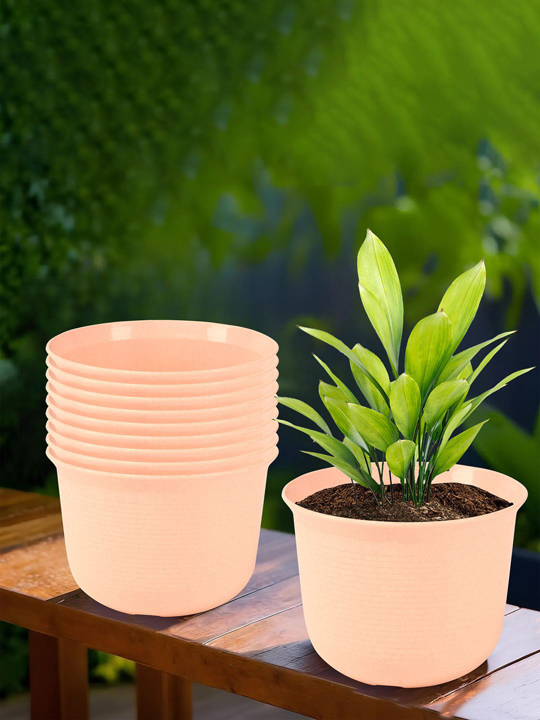 Kuber Industries Peach 10 Pieces Textured Flower Pots With Plates