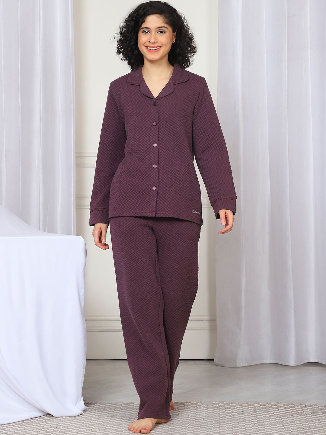 Kanvin Women Shirt Collar Winter Night suit