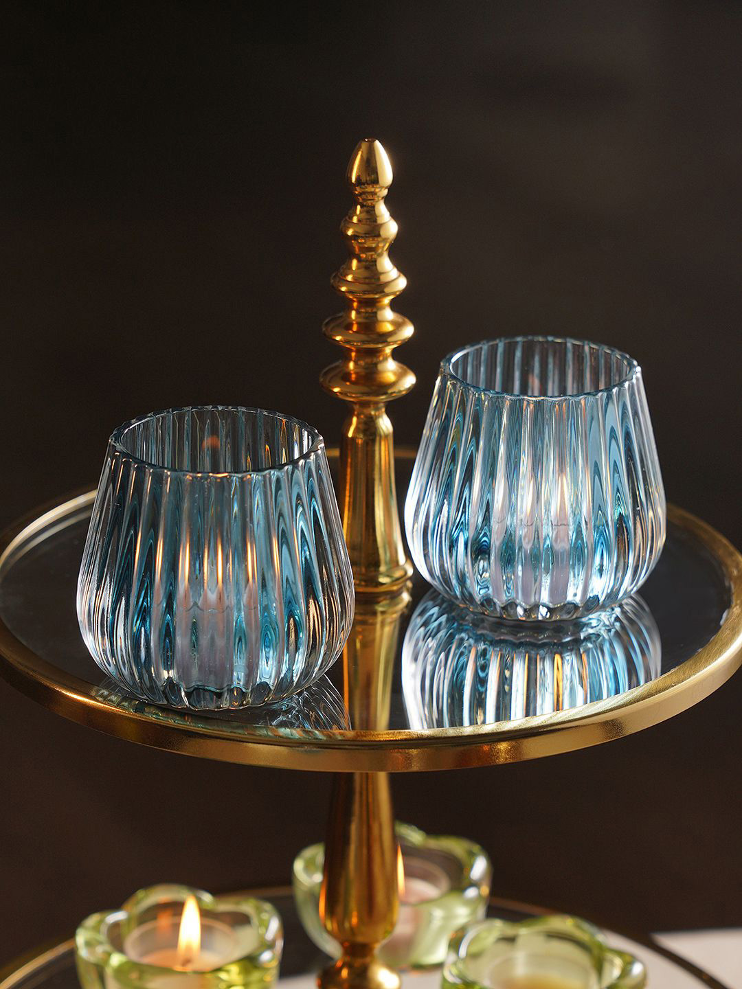 Pure Home and Living Teal Blue 2 Pieces Ribbed Glass Tealight Holders