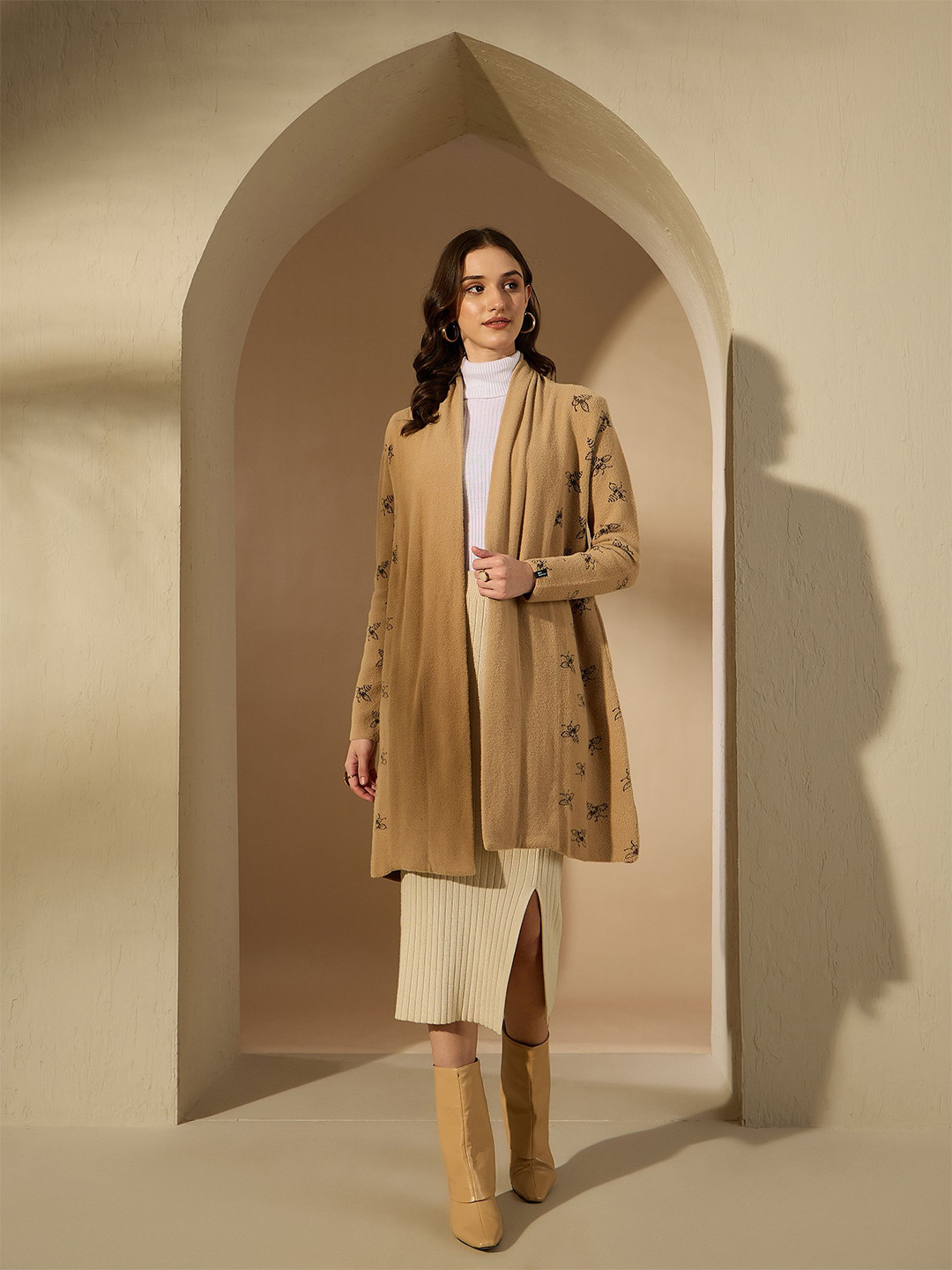 CREATIVE LINE Floral Self Design Woollen Longline Open Front Shrug