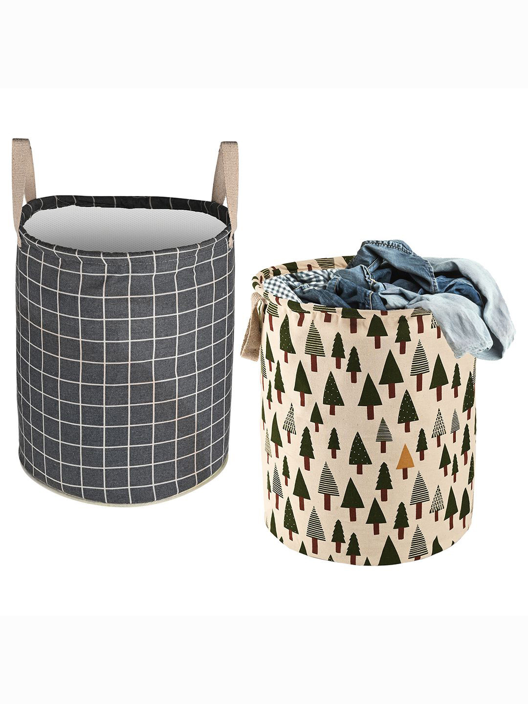 Kuber Industries Green & Grey 2 Pieces Melange Printed Foldable Cotton Laundry Bags