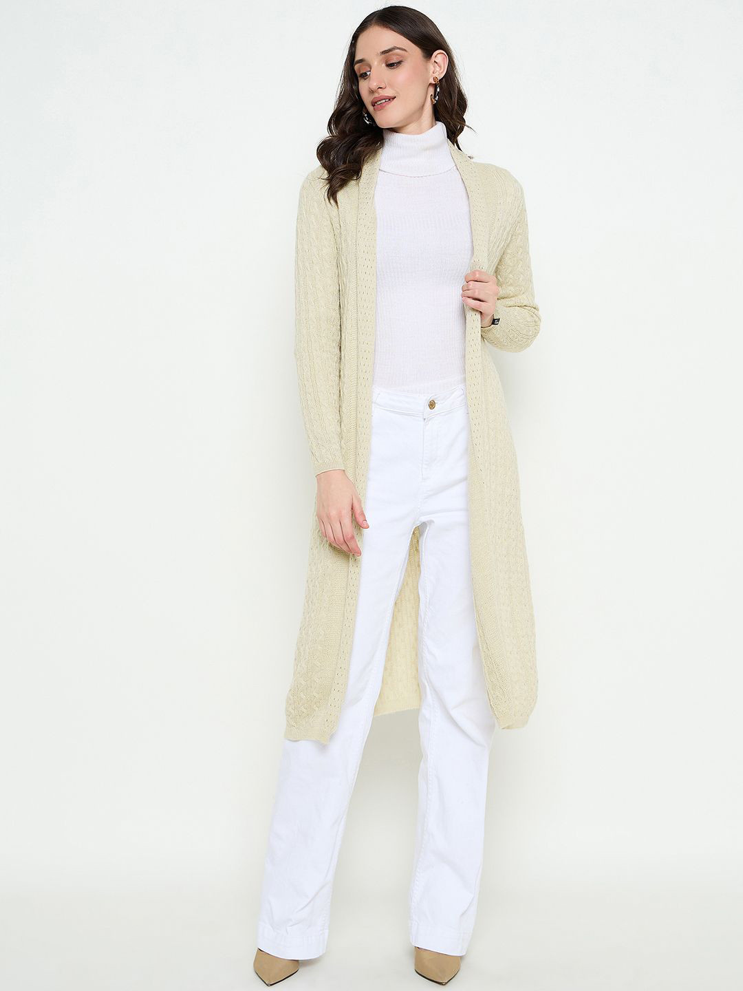 CREATIVE LINE Cable Knit Self Design Longline Woollen Open Front Shrug