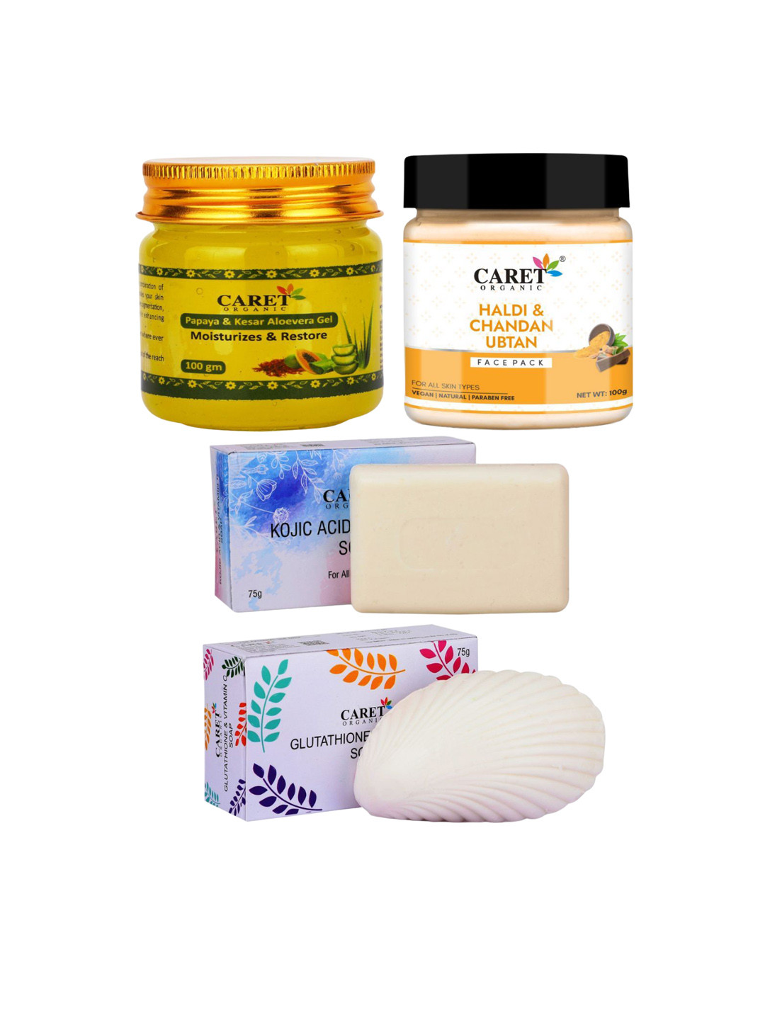 CARET ORGANIC 4Pcs Aloevera Gel + Haldi Chandan Ubtan + Kojic Soap + Glutathione Soap