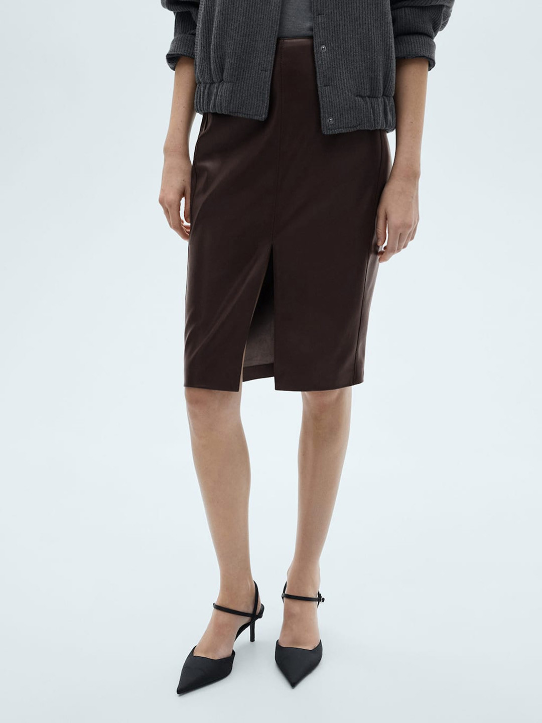 MANGO Faux Leather Front Slit Straight Skirt