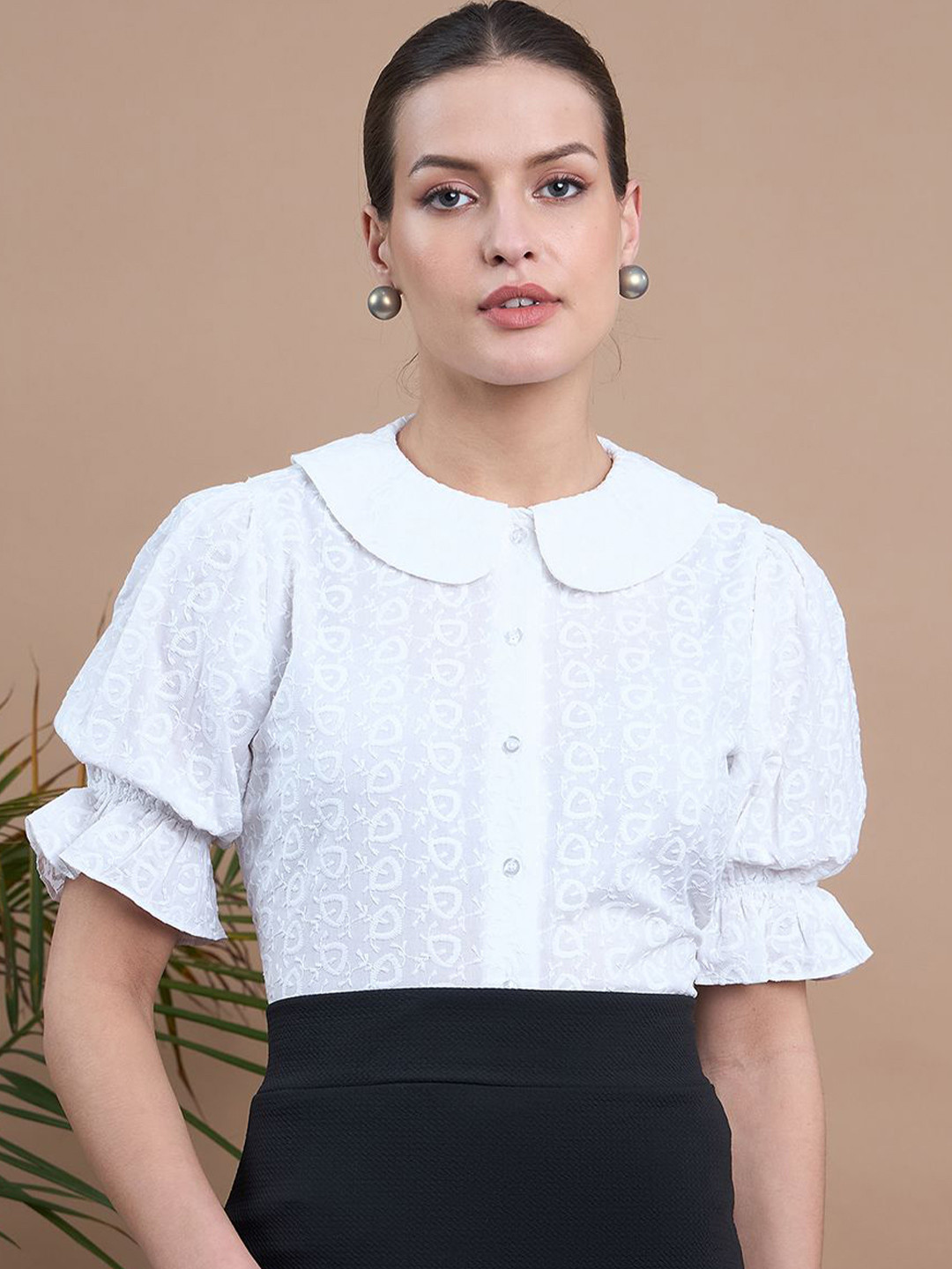 Noi Women Smart Peter Pan Collar Textured Cotton Casual Shirt