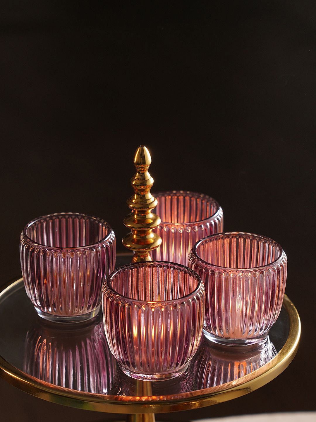Pure Home and Living Purple 4 Pieces Glass Ribbed Tealight Holders