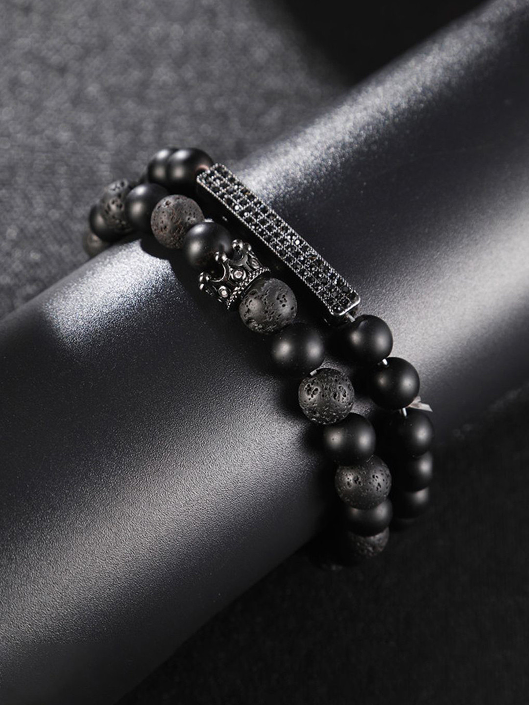 Jewels Galaxy Men Set Of 2 Silver-Plated Beaded Elasticated Bracelets