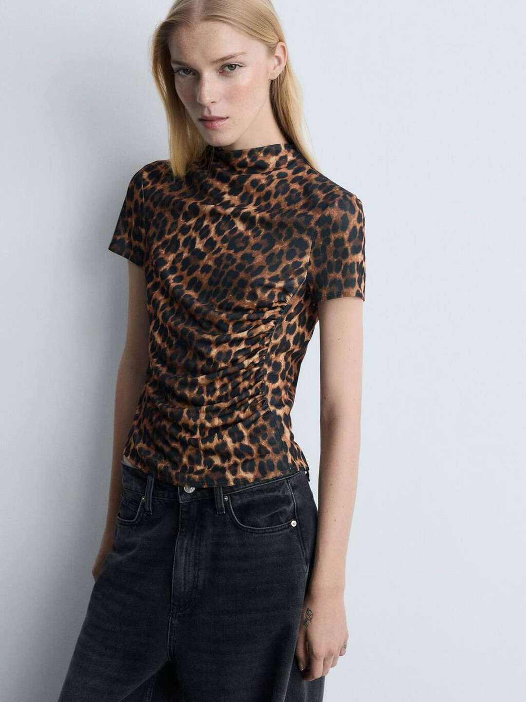 MANGO Animal Print Ruched Top
