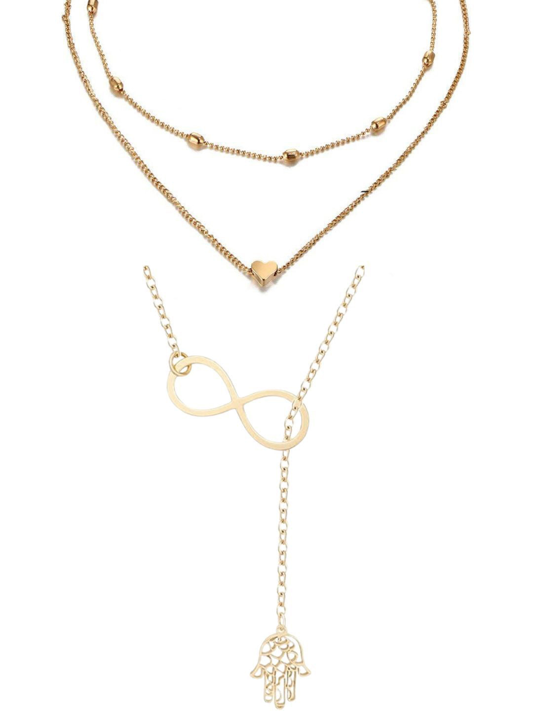 Pinapes Unisex Set of 2 Gold-Plated Layered Heart, Infinity, and Hamsa Minimal Necklaces