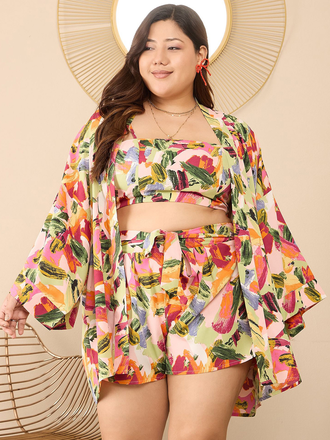 Berrylush Curve Pink and Green Printed Top and Shrug With Shorts