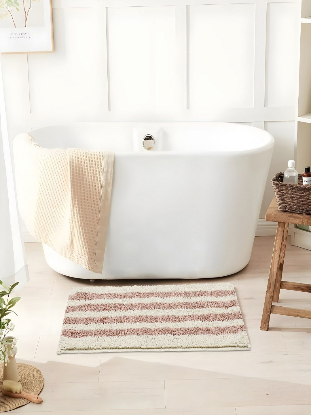 CAZIMO Rust Coloured & White Striped Striped Pure Cotton Bath Rug