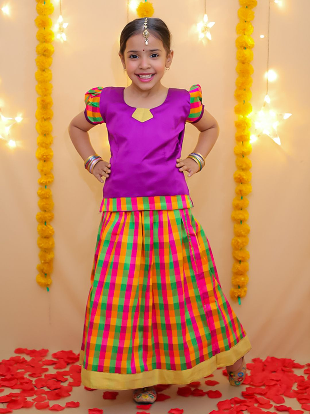 BownBee Girls Woven Design Ready to Wear Pavda Pattu Lehenga & Blouse