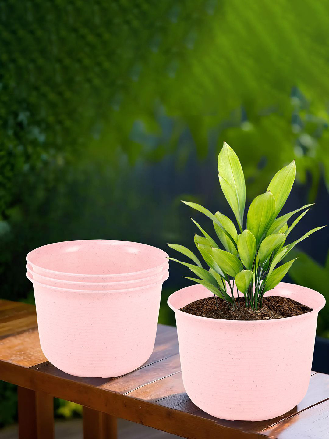 Kuber Industries Pink 4 Pieces Textured Planters With Plate