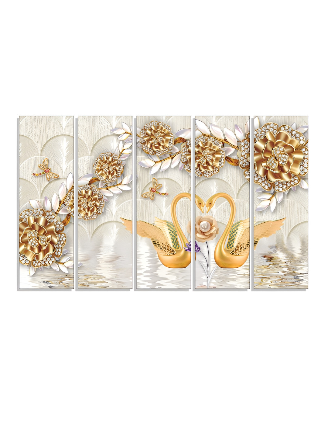 RANDOM Vinyl Cream-Coloured & Gold-Toned 5 Piece Printed Canvas Wall Paintings