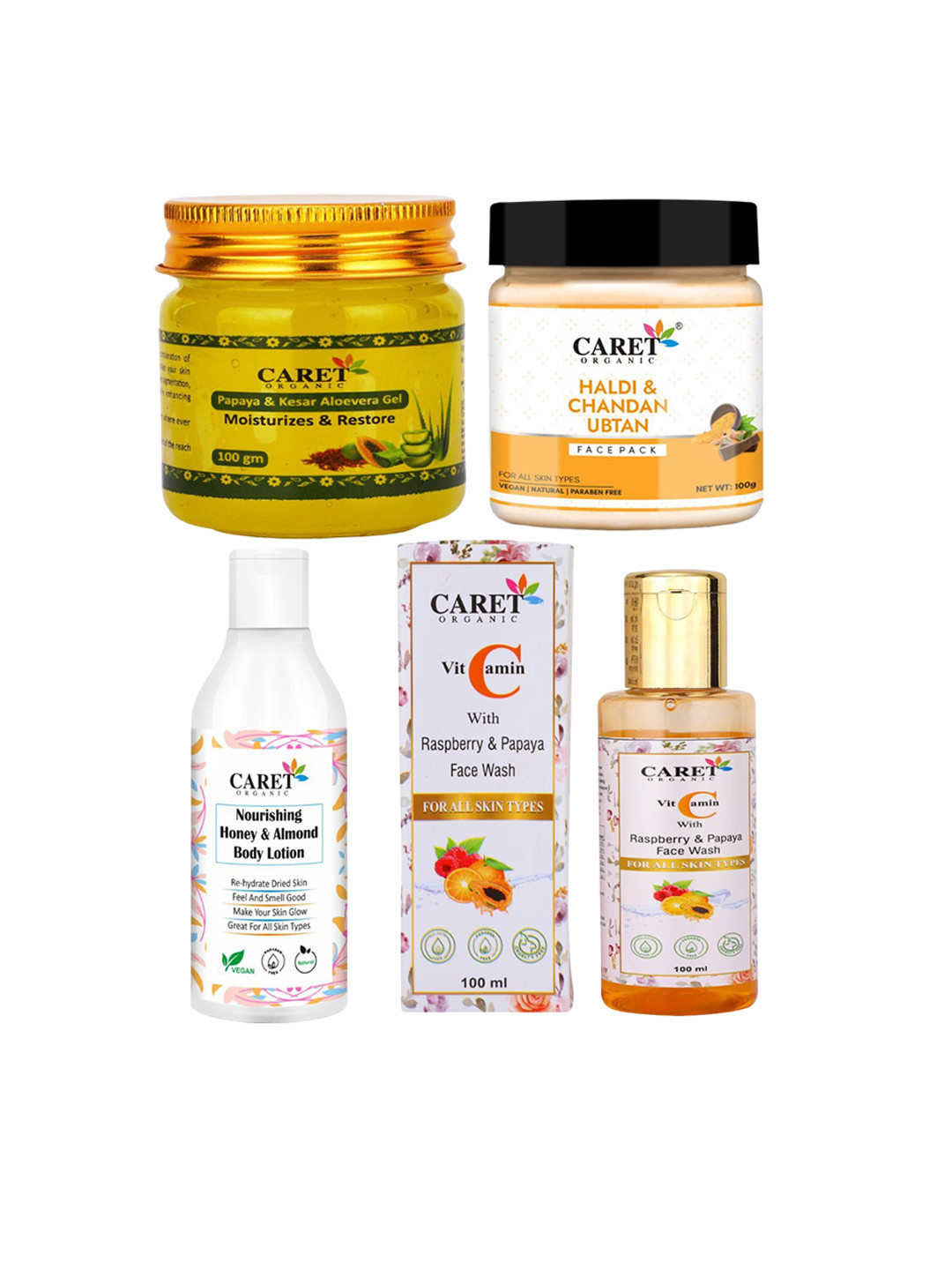 CARET ORGANIC Set Of 4  Gel & Body Lotion with Face Wash & Face Pack