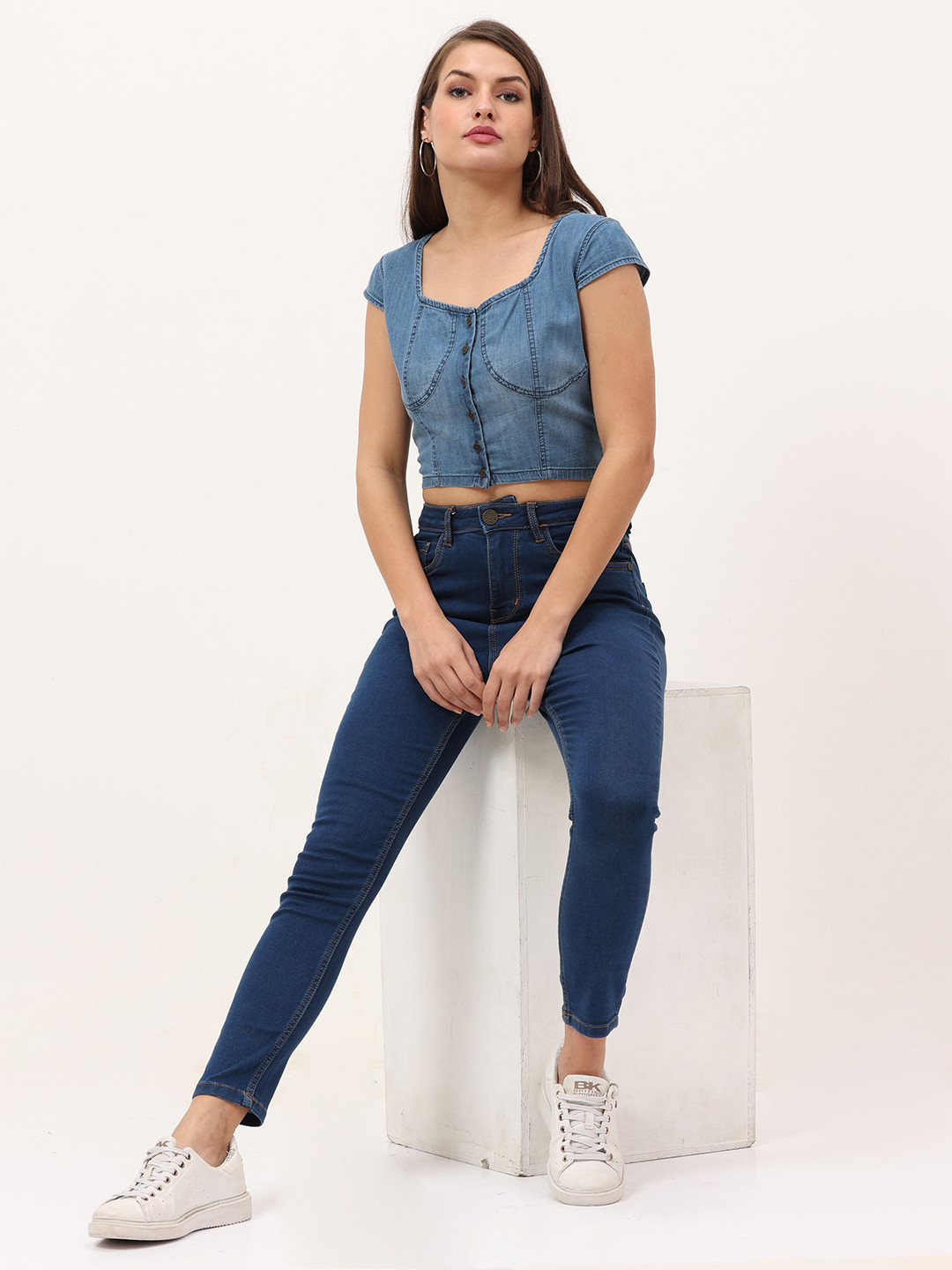 URBAN POCHE Sweetheart Neck Cotton Shirt Style Crop Top