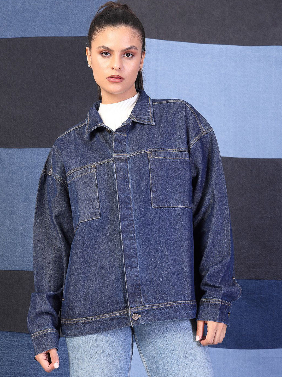 VESTIDO MODAS Women Spread Collar Solid Denim Casual Denim Jacket