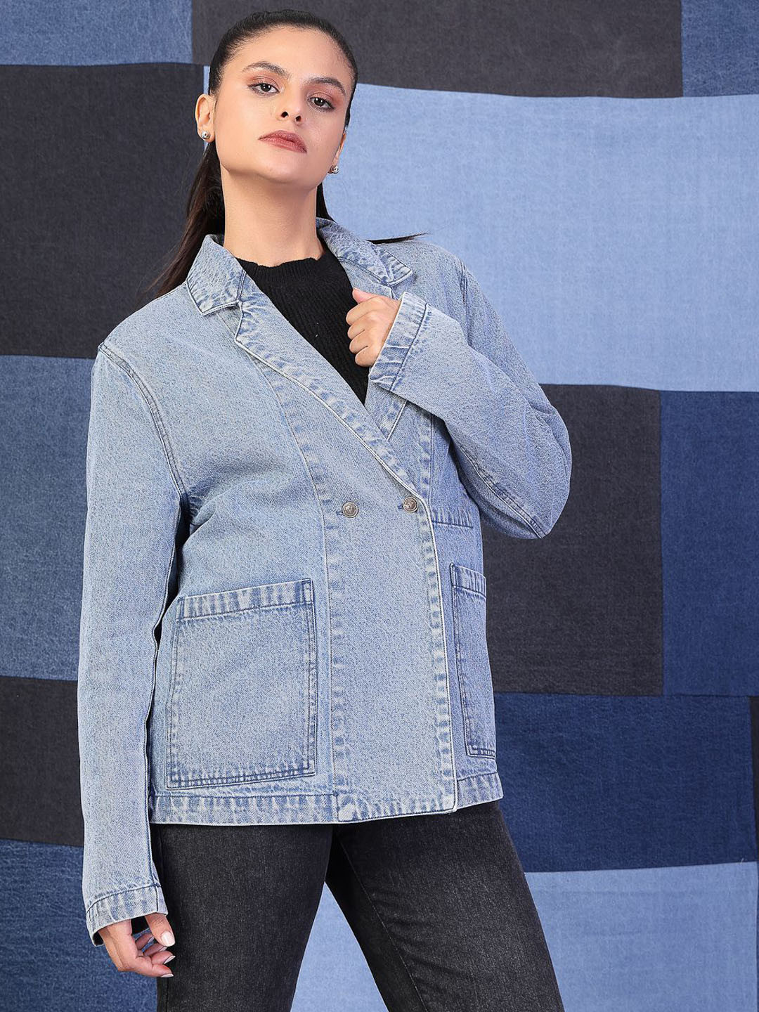 VESTIDO MODAS Notched Lapel Denim Oversized Double-Breasted Blazer
