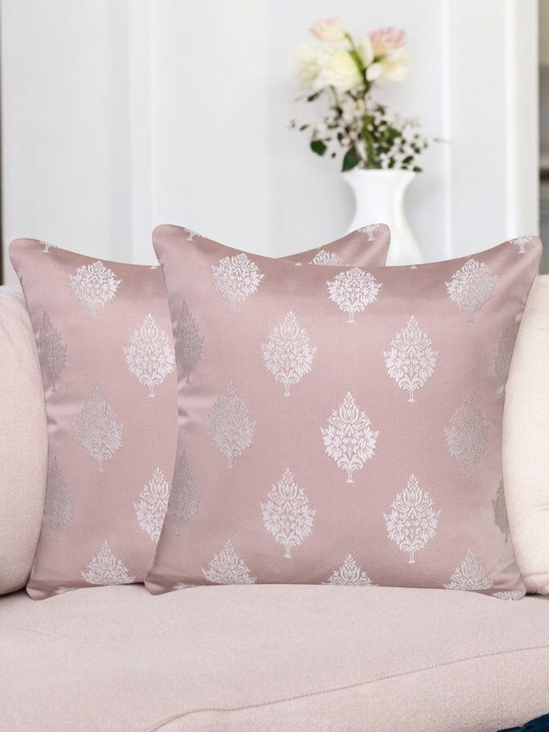 Vendola Rose Ethnic Motifs Jacquard Washable 2 Pcs Textured Cushion Covers - 18x18In