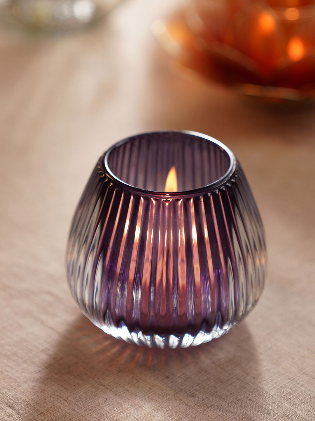 Pure Home and Living Purple Glass Ribbed Tealight Holder