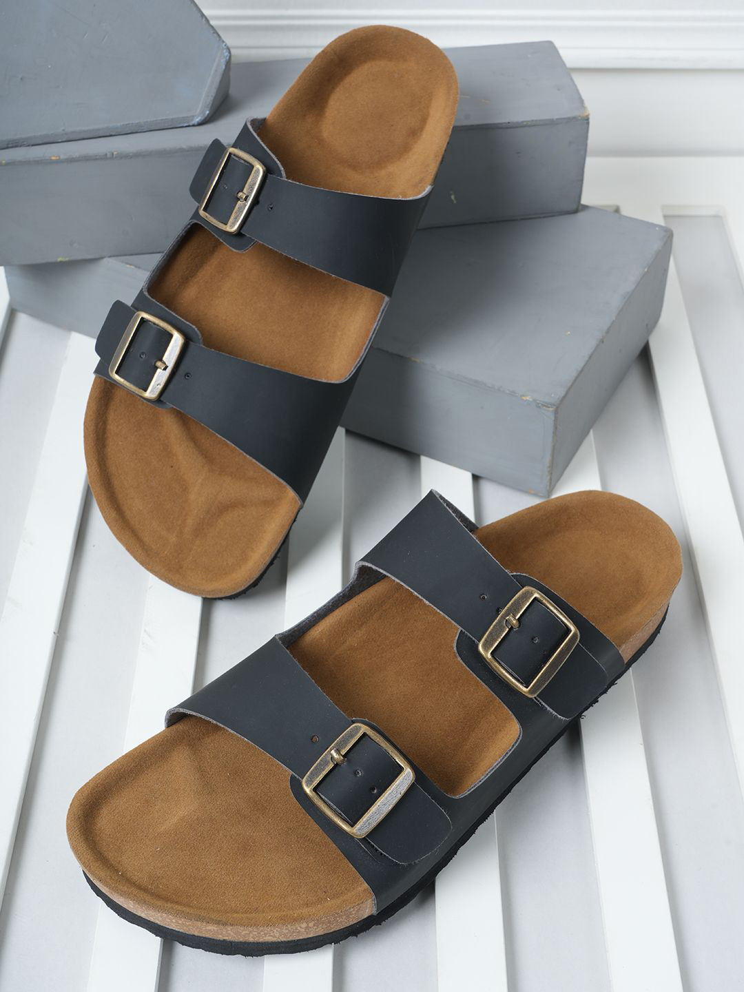 MOZAFIA Men PU Open Toe No Back Strap Flats with Buckles