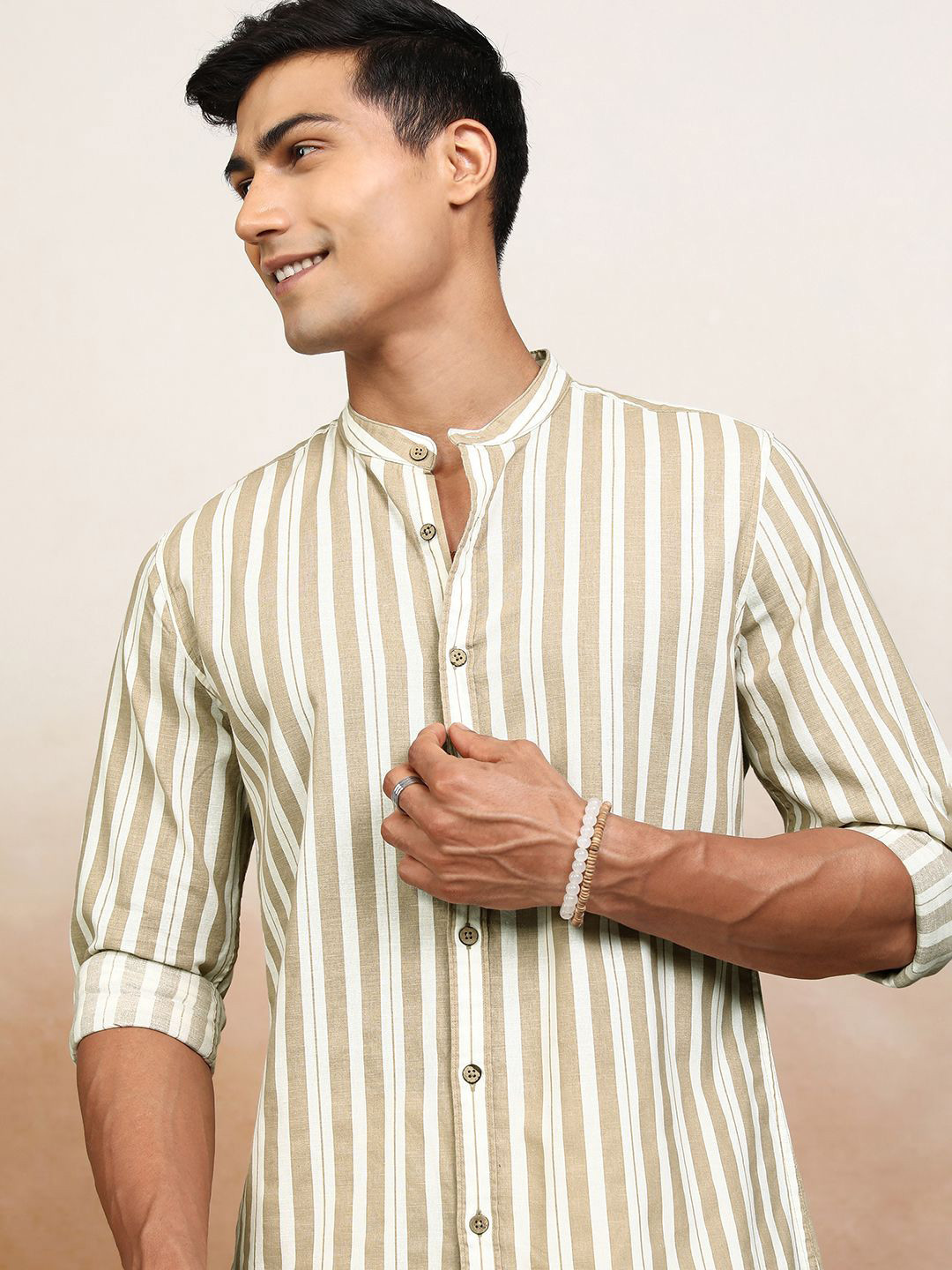 Highlander Men Cream Taupe Cotton Linen Striped Regular Fit Shirt