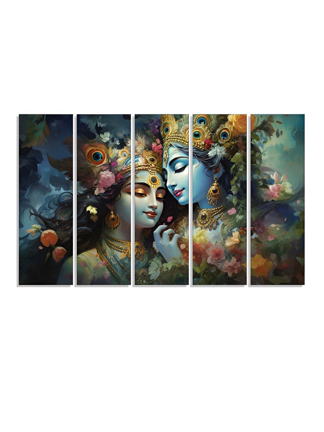 RANDOM Vinyl Blue & Green 5 Piece Radha Krishna Religious Canvas Wall Paintings