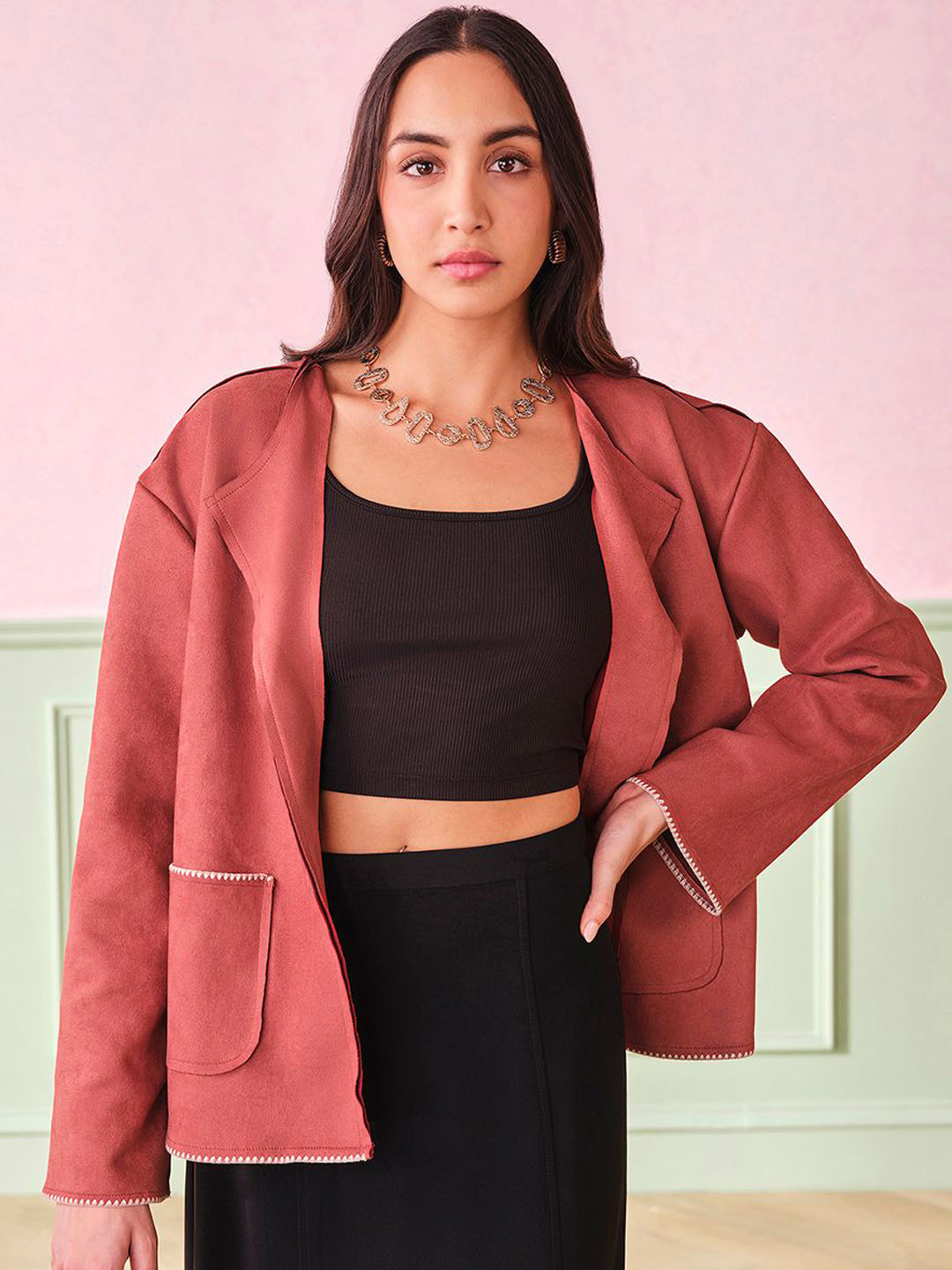 AND Women Collarless Solid Casual Tailored Jacket