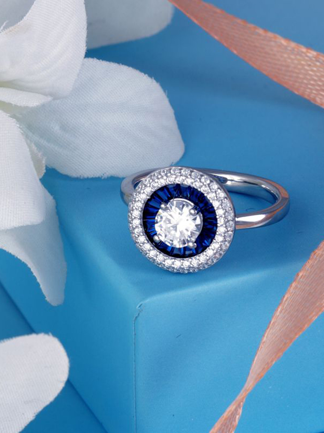 Tuanz Silver Jewelry 925 Sterling Silver Rhodium-Plated CZ-Studded Solitaire Chakra Ring