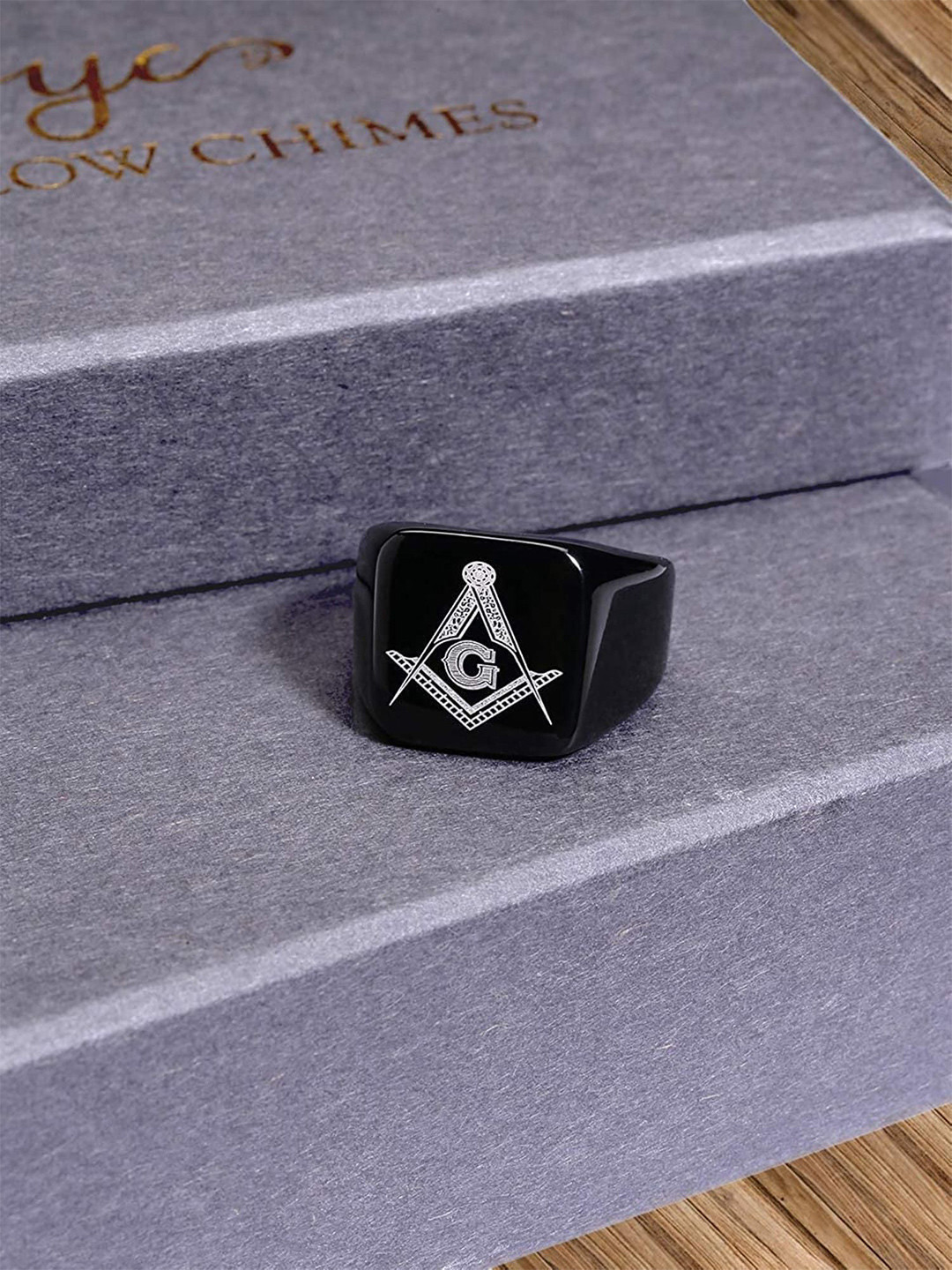 Yellow Chimes Men Stainless Steel AG Masonic Logo Finger Ring
