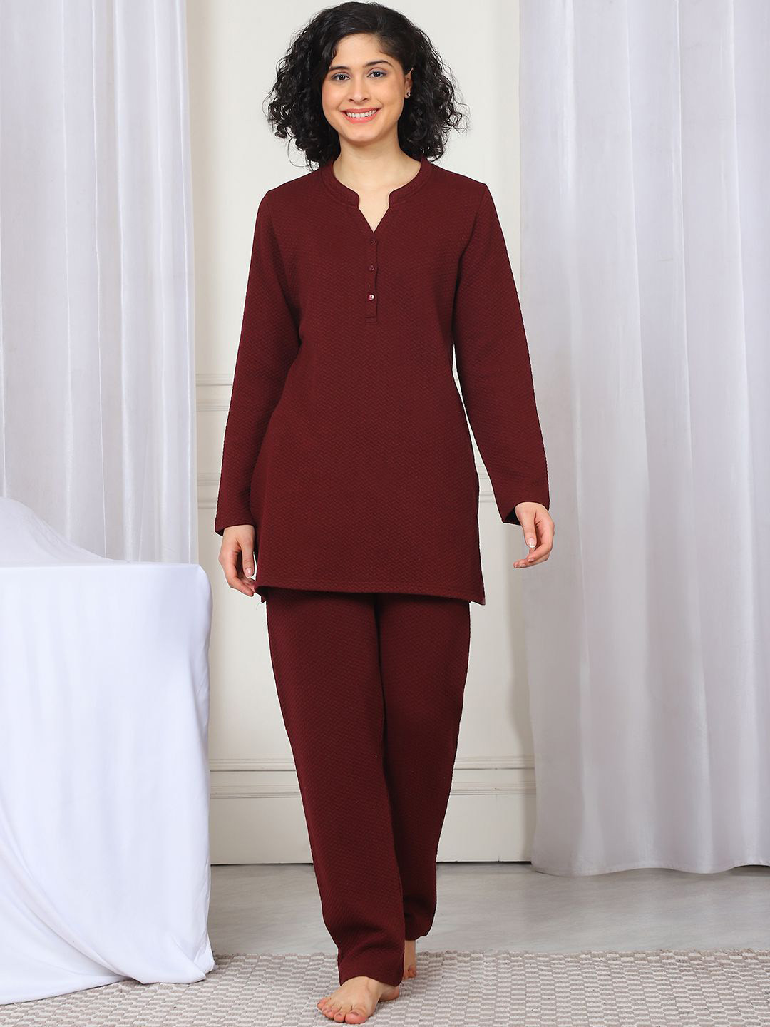 Kanvin Women Mandarin Collar Long Sleeves Kurti & Pyjamas Night suit