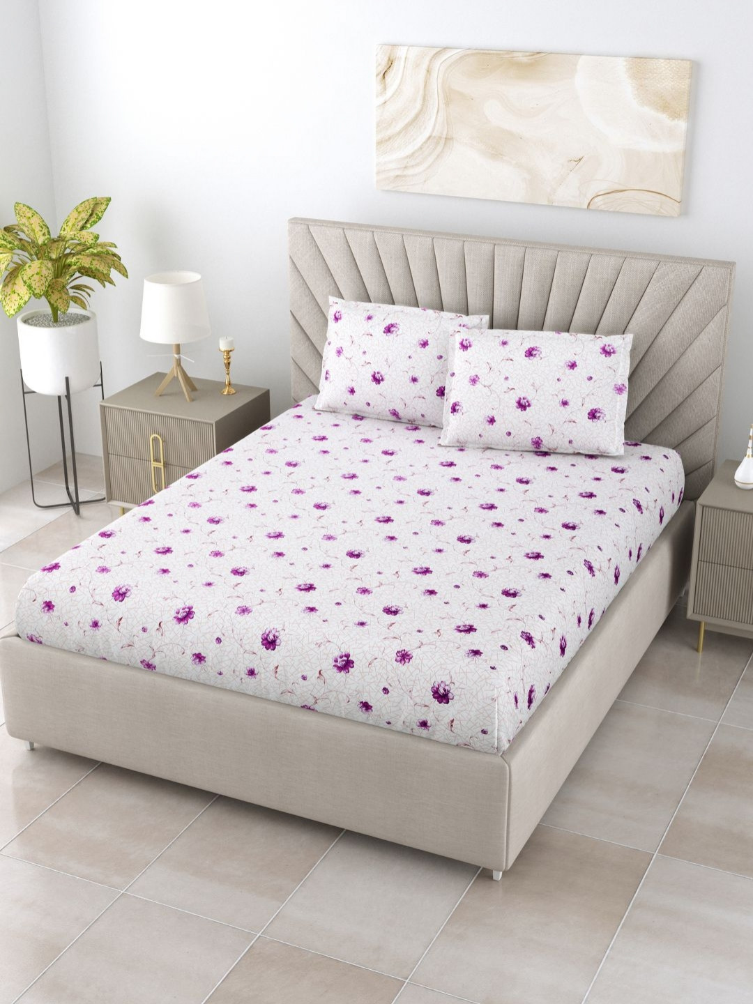 BOMBAY DYEING Dream Lover Purple Floral Cotton 104 TC Queen Coarse Bedsheet with 2 Pillow Covers-224 x 254 cm