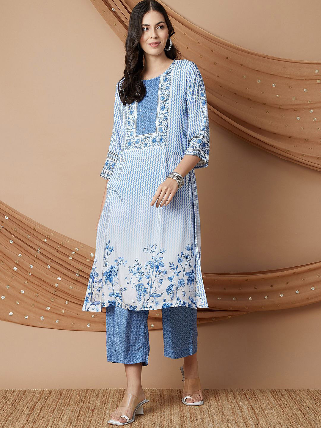 Melange by Lifestyle Chevron Printed Round Neck Three-Quarter Sleeves Kurta & Palazzo