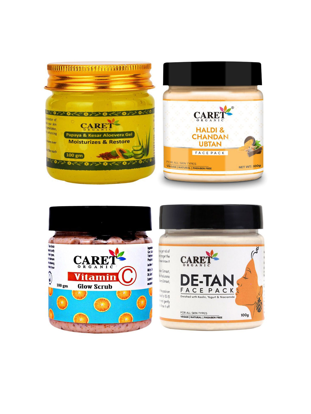 CARET ORGANIC Set Of 4 Aloevera Gel- 100 g- Ubtan- 100 g- Scrub- 100 g & Face Pack- 100 g