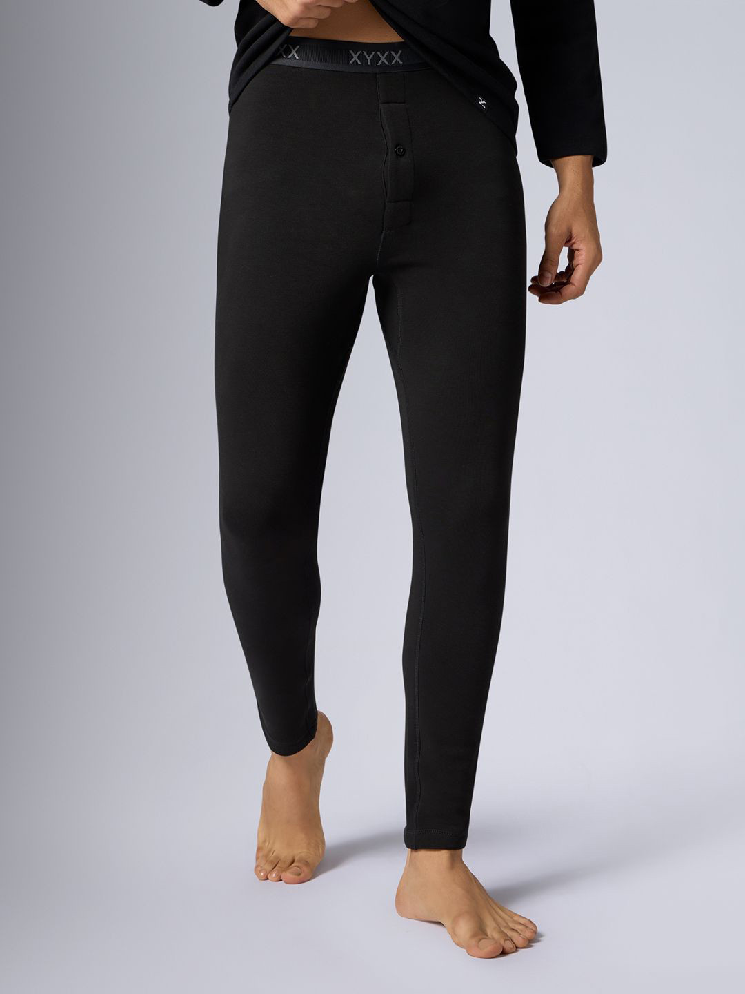 XYXX Men Snug fit Solid Black IntelliHeat Polar Fleece Thermal Long Johns