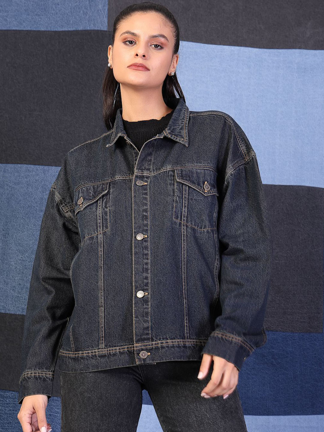 VESTIDO MODAS Women Spread Collar Solid Denim Casual Denim Jacket